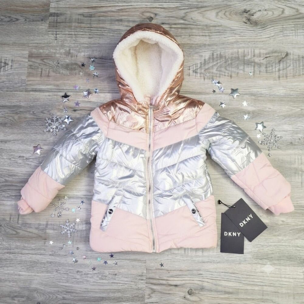 DKNY Girls Metallic Puffer Jacket Coat Pink Silver Size 4T NWT